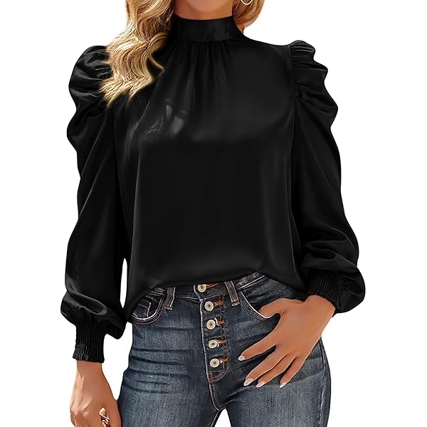 Women's Puff Long Sleeve Blouses High Neck Frill Tops Casual